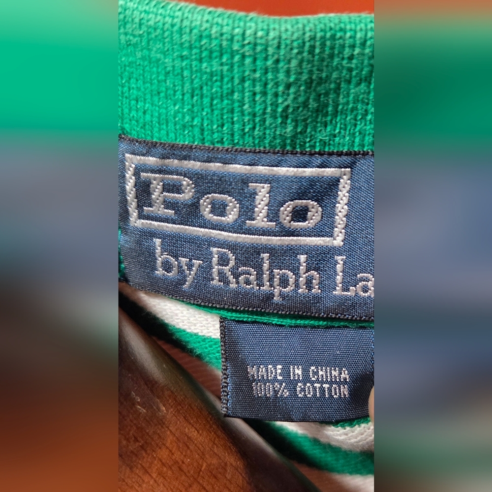 Vintage Y2K Polo Ralph Lauren Green White Striped Polo Yellow Pony Size Large - Picture 5 of 5